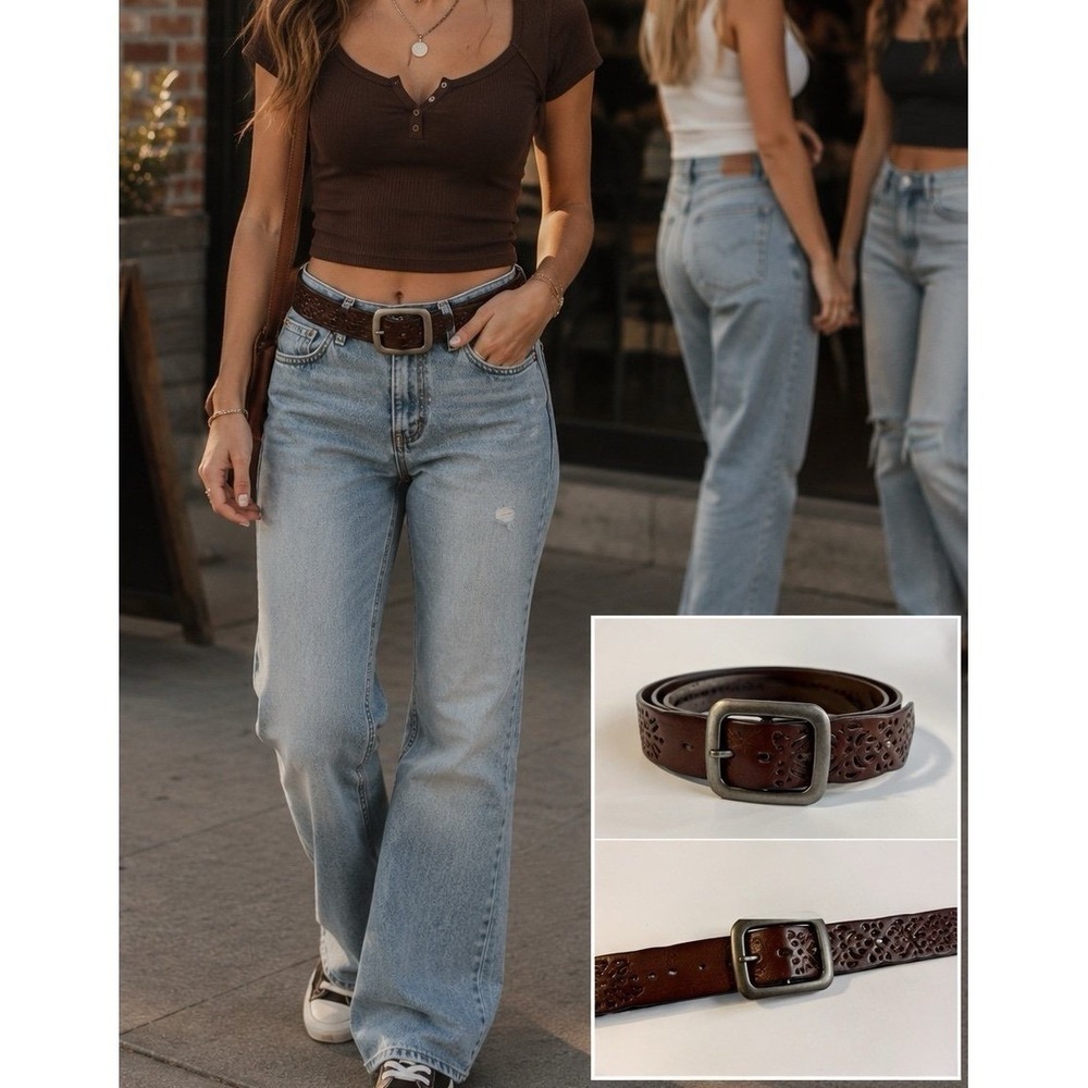 Brown Leather Stamped Pattern Belt with Silver Buckle